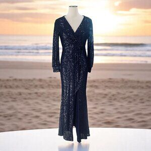 Navy Sequin Wrap Gown Long Sleeve XL V Neck Formal Evening Dress Slit Maxi Glam